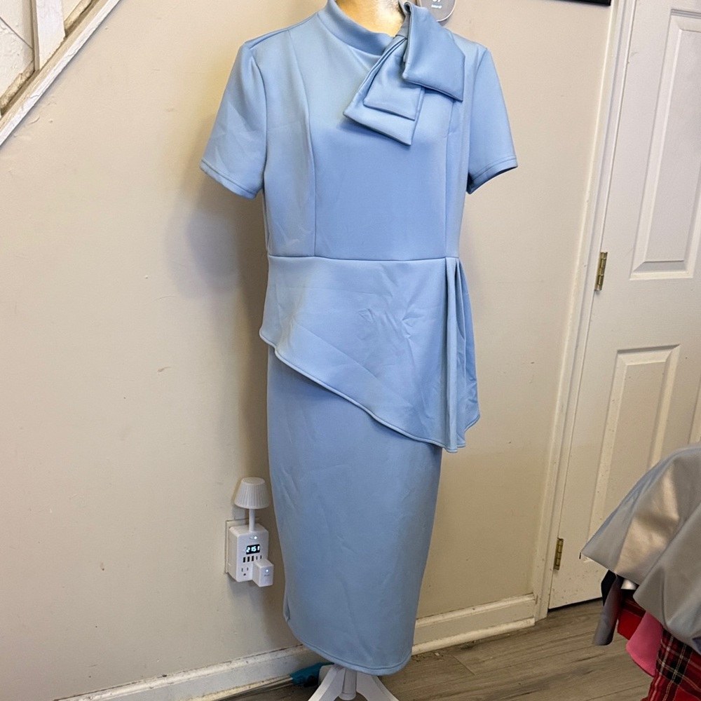 Elegant Light Blue Midi Dress with Asymmetrical Peplum
